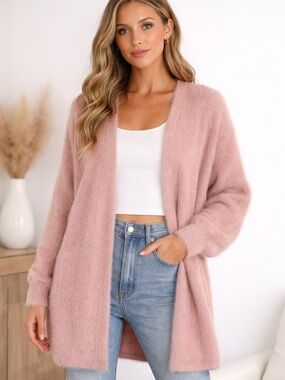 Bluivy Blush Pink Fuzzy Cardigan | Soft Cozy Open Front Sweater Ptp 24